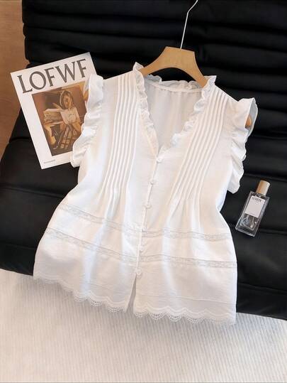 GlowEve קרדיגן לבן טהור, דמוי כותנה, תחרה טלאים, צווארון V ושרוולים מתנפנפים לנשים, אביב/קיץ, חופשה קז'ואלית