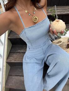 Sunnyshic 女士休闲度假性感露背系带阔腿牛仔连体裤 - 藍色 - 查看 1