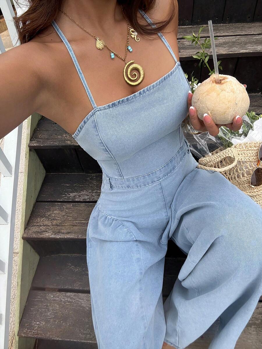 Sunnyshic 女士休闲度假性感露背系带阔腿牛仔连体裤 - 藍色 - 查看 1