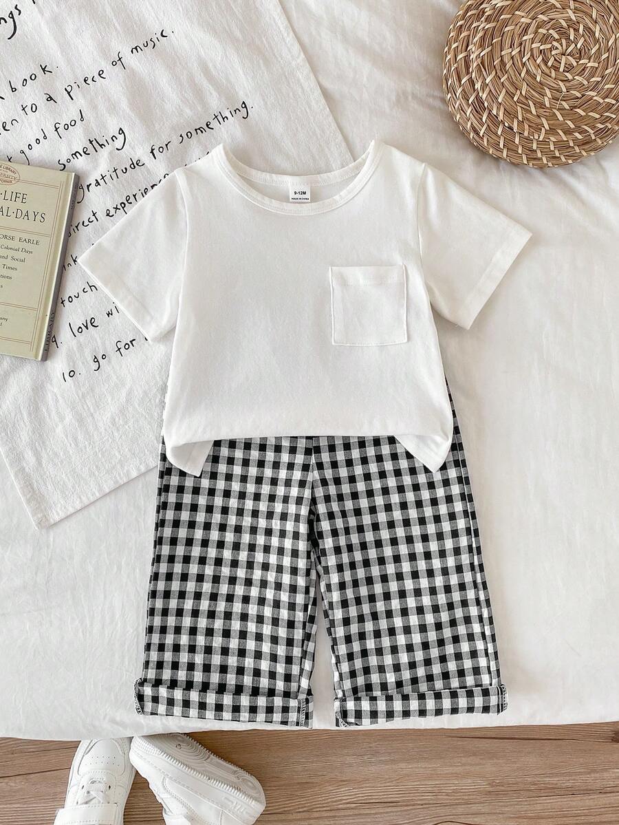 SHEIN Vintaside Kids 男宝宝可爱休闲短袖上衣和格子裤两件套，适合夏季、居家和旅行 - 白色 - 查看 1