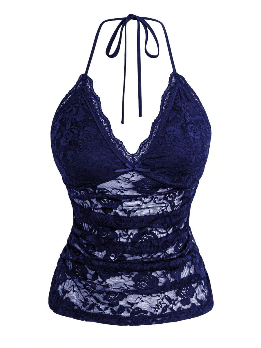 Sweetra 大码女式V领蝴蝶结蕾丝拼接优雅复古可爱薄纱吊带背心 - 藍色 - 查看 1