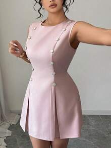 Elenzga Váy mini thanh lịch cổ tròn không tay hai hàng khuy đính vỏ sò đính đá cỡ lớn, buộc eo, màu hồng, dáng chữ A - Hồng - Xem 5