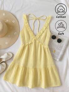 Franclia Women's Summer Light Yellow 100% Cotton Halter Cross Back V-Neck Ruffled Mini Dress,Classy Multi-Layer Ruched Slim-Fit Beach Vacation Holiday Dress - Pale Yellow - View 2