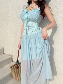 K-Vae Korean Style Light Blue Off-Shoulder Spaghetti Strap Maxi Dress Women's Sweetheart Neck Ruched Slim-Fit Long Dress Summer Vacation Beach Streetwear - Aqua Blue - View 5