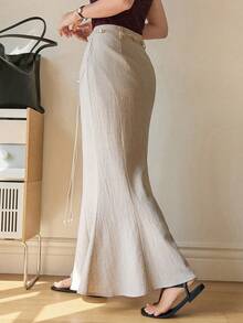 Dazy-Less 春夏时尚商务休闲通勤A字拼接鱼尾裙 - 卡其色 - 查看 2