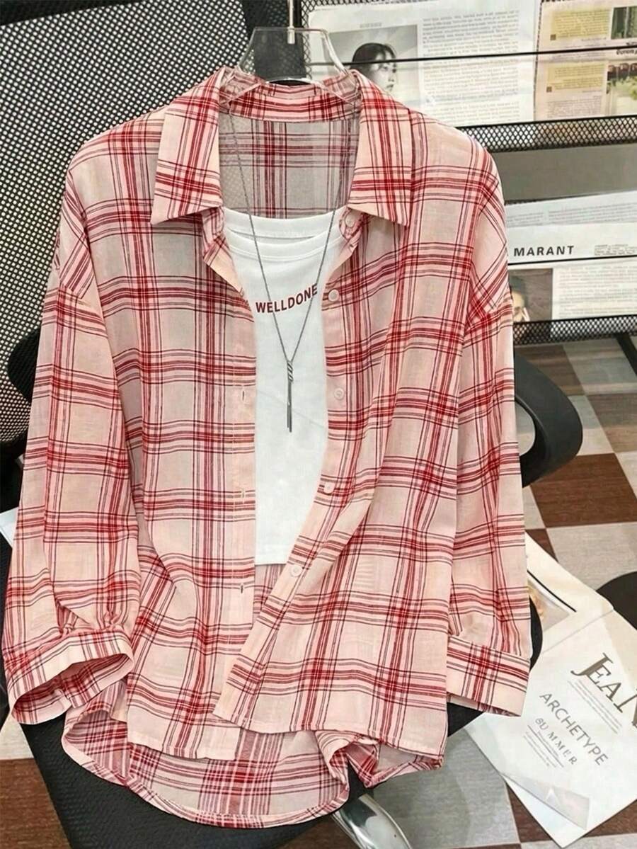 Resyla Women's Plaid Lightweight Casual Loose Shirt, Fashionable Sun Protection, Spring/Summer - Pink - View 1