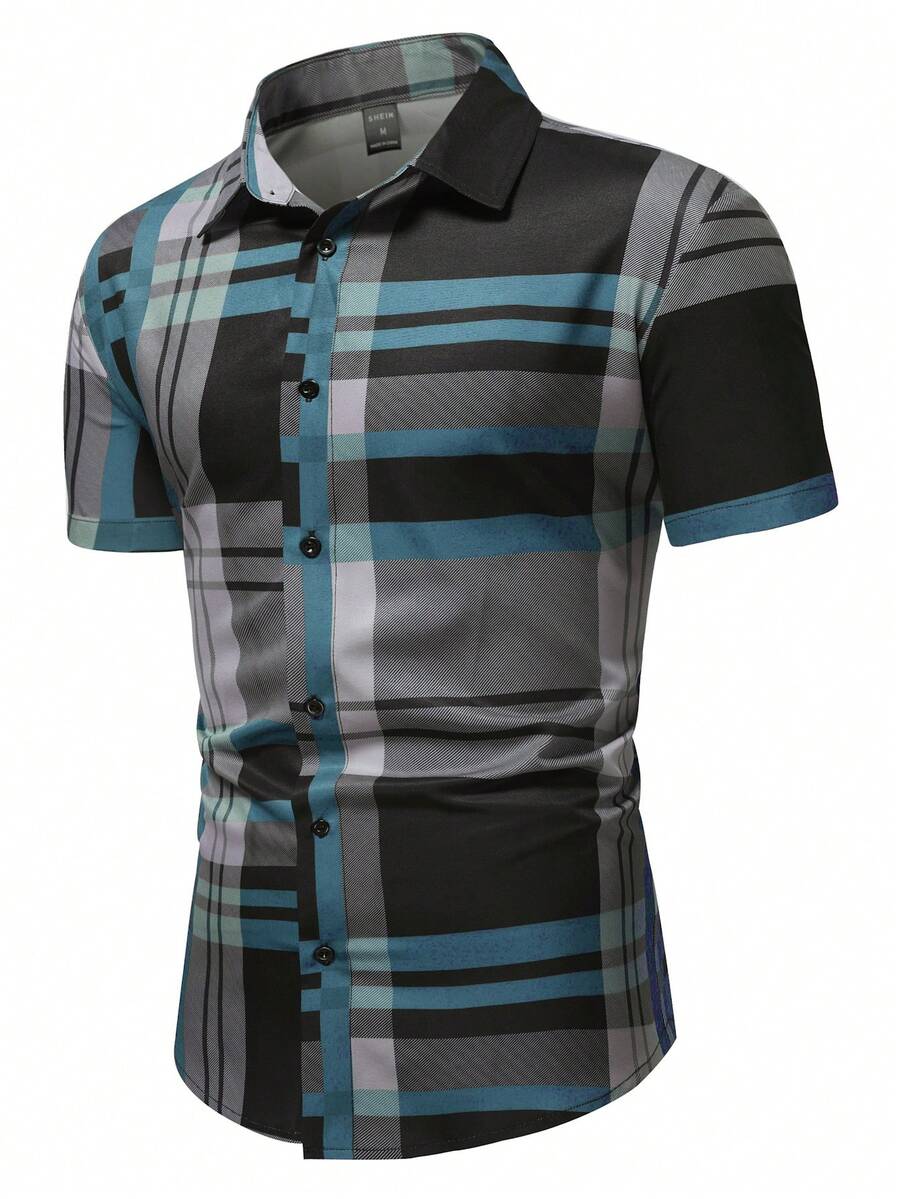 Manfinity Homme Camisa de manga corta a cuadros casual y de negocios para hombre, ideal para el verano y el diario - Multicolor - Ver 1