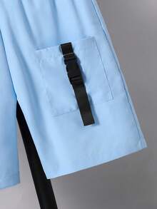 Fantacosmos 男童可爱小熊印花T恤、带口袋的工装短裤和迷你斜挎包三件套，春夏款 - 淺藍色 - 查看 4