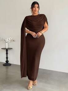 Plus Size Comfortable Casual Elegant Vacation Beach Music Festival Ruched Neck Commute Work Office Chiffon Elastic Slimming Dress For Women, Spring/Summer - Brown - View 6