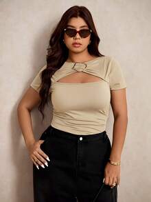 Elaquor T-shirt café polyvalent et minimaliste pour femmes grandes tailles, avec boucle métallique. Tenue d'été - Nude - Voir 6
