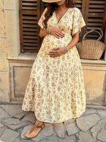SHEIN Vestido de maternidad con cuello en V y estampado total con función de lactancia, para uso casual diario y vacaciones - Caqui - Ver 3