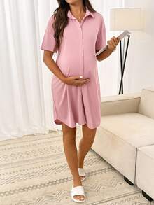 Slowluna Maternity Solid Color Short Sleeve Single-Breasted Casual Ribbed Knit Dress,Loungewear,Sleepwear,Sleepwear Set,Pajama Dress - Pink - View 4