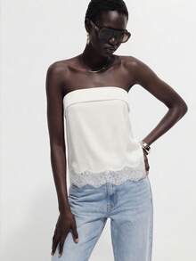 Lumivelle Women's Spring/Summer New Wrap Chest Top, Satin Fabric With Folding Collar, Sheer Lace Patchwork, Elegant Romantic Wrap Chest Blouse - White - View 3