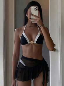 Bonvoyette Bộ bikini 3 món dành cho nữ với chân váy xếp ly buộc dây, kiểu dáng tối giản, thời trang, phối màu tương phản, gợi cảm, hở lưng, thích hợp cho bơi lội, kỳ nghỉ, du lịch biển. - màu đen - Xem 3