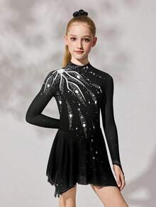 Tween Girls Figure Skating Dress, Black With Sparkly Floral Print, High Stretch Fitted Design, Smooth Flowing Mesh Skirt - Black - View 5