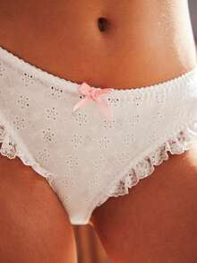 White Embroidered Floral Pattern Ruffle Hem Bow Romantic Bohemian Style Women's Panties - White - View 5