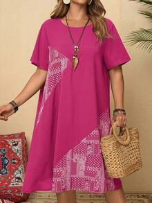 Rusticease Plus Size Women Casual Vacation Cashew Print Round Neck Short Sleeve Dress - Hot Pink - View 3