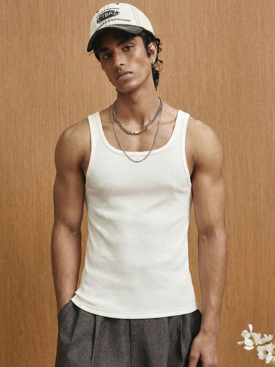 TOKVUE Men's Casual Solid Color Minimalist Versatile Tank Top - White - View 1