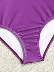 少女新款时尚紫色撞色星空印花连体泳衣，适合游泳、度假、夏季海滩穿着、儿童泳装、暑假 - 紫色 - 查看 5