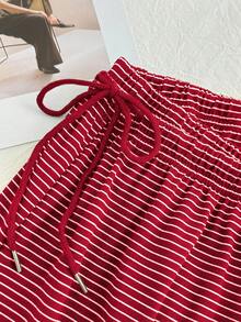 Comfortcana Quần ống rộng kẻ sọc đỏ trắng, kiểu dáng thường ngày, có dây rút, phù hợp cho mùa thu/đông. - Đỏ - Xem 5