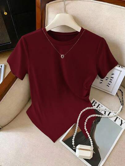 GlowEve CURVE Camiseta casual de manga corta de unicolor con cuello redondo, versátil, para mujer de talla grande. Camiseta de verano casual para mujer, parte superior casual de manga corta, camiseta básica de manga corta de color rojo liso para mujer