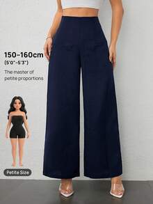 SHEIN PETITE Quần ống rộng họa tiết cạp cao đơn giản thường ngày cho mùa tựu trường của phụ nữ Old Money Commuting - Màu xanh hải quân - Xem 10