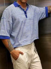 Manfinity Dauomo Casual Fashionable Men's Striped Print Retro Short Sleeve T-Shirt, Spring/Summer - Blue and White - View 3