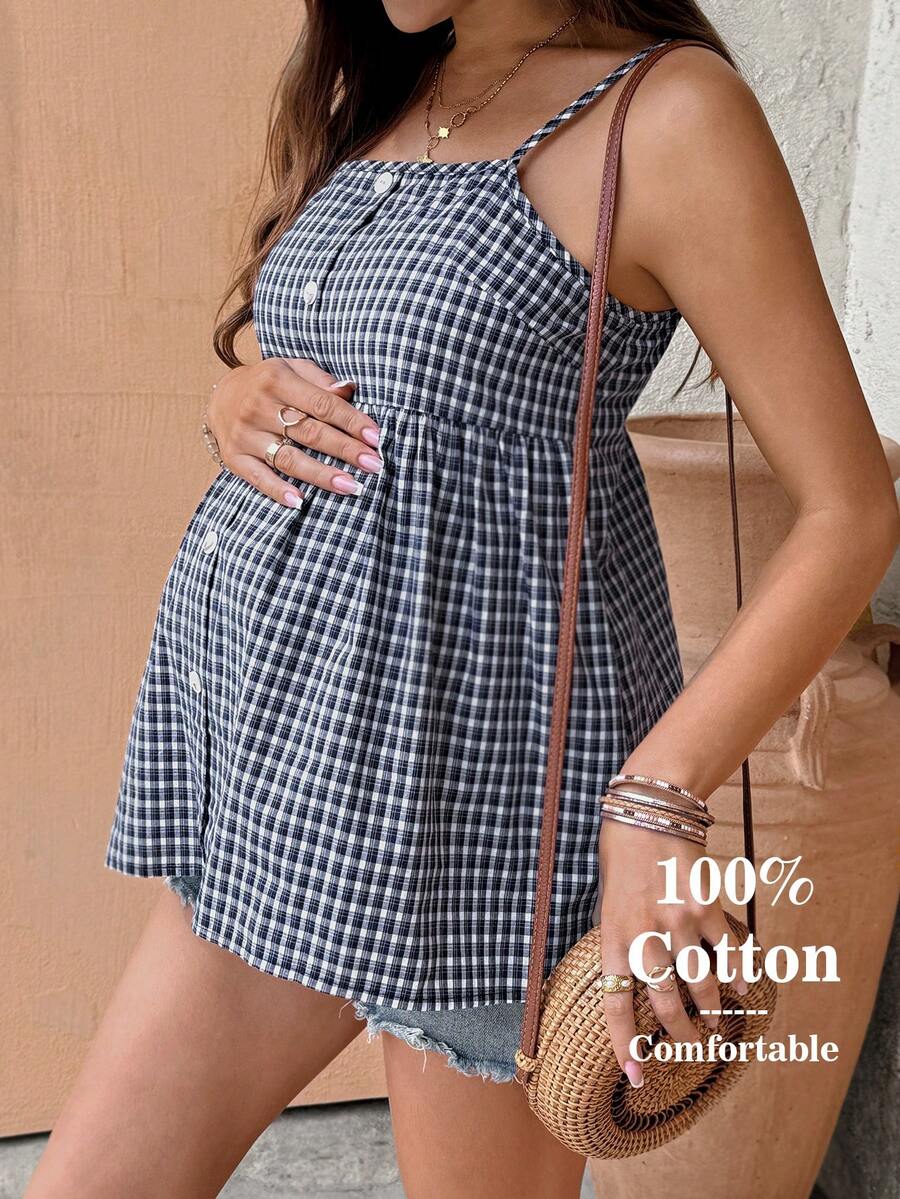 SHEIN Pregnant Women's Plaid Button Ruched Casual Versatile Daily Wear Camisole Maternity Sundress Maternity Romper Babydoll Tops Woman Maternity Summer Sets 100 Percent Cotton Clothing Women - Multicolor - View 1