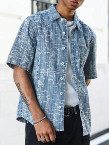 Manfinity EMRG Young Street-Style Washed Blue Fitted Jacquard Denim Short Sleeve Shirt, Spring/Summer - Blue - View 1