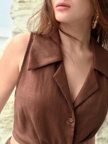 MOTF PREMIUM 亚麻混纺扭结领无袖衬衫，春夏时尚之选 - 咖啡棕 - 查看 1