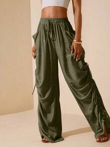 Vesra 女士纯色侧边褶皱抽绳口袋裤 - 橄欖綠 - 查看 6