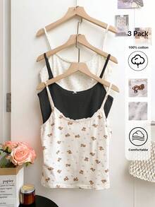 CovetEZ 3件套棉质女士休闲可爱花卉小熊印花撞色蕾丝吊带背心，夏季服装 - 彩色 - 查看 5