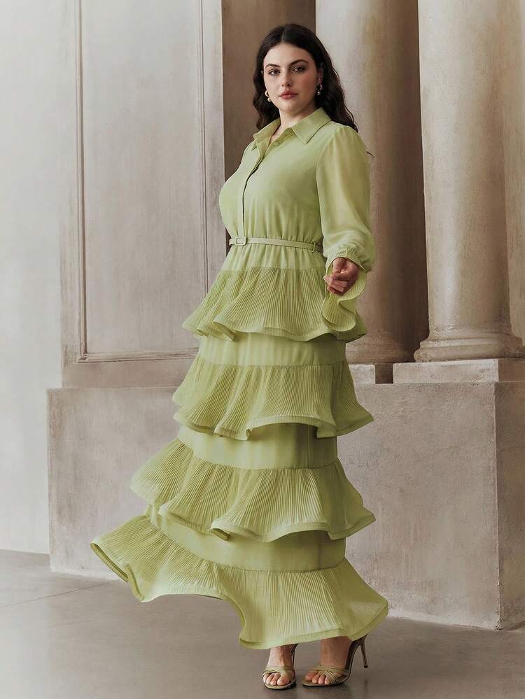 Plus Size Women's Solid Color Flare Sleeve Pleated Multi-Layer Ruffle Hem Elegant Dress
