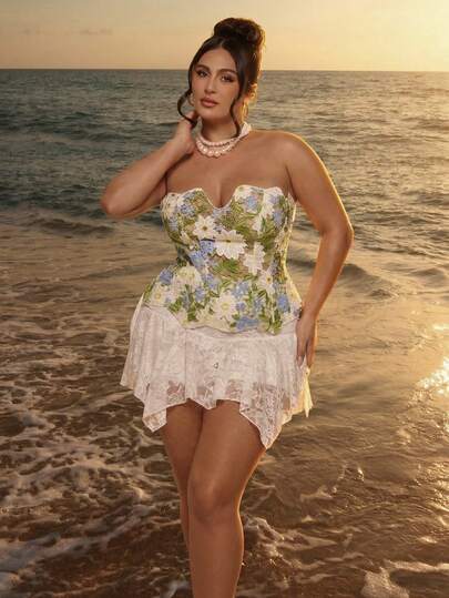 SHEIN BAE Top bandeau elegante y sexy con bordado floral para mujer de talla grande, para el verano