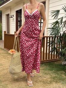 Livesso Red Lace & Floral Patchwork Waist Midi Dress, Suitable For Beach Party & Holiday Summer Sundress Boho Vacation Outfits Women - Red - View 4