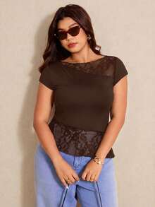 Elaquor 大码女装时尚不对称下摆蕾丝拼接T恤 - 棕色 - 查看 4
