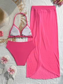 Girls' 3 PiecesBikini Swimsuit, Solid Pink Fabric, High Elasticity Mesh, Metal Decor, For Beach Party Holiday Swimming - Hot Pink - View 2