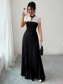 Elenzga Women's Elegant Lace Patchwork Mandarin Collar A-Line Pleated Dress - Black and White - View 1