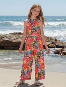 Sparklyn Setelan 2 Potong untuk Liburan Pantai Anak Perempuan: Atasan Halter + Celana Pendek Longgar Motif Bunga - MultiWarna - View 8