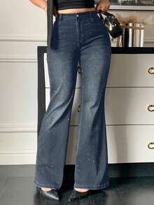 Dazy Plus Washed Black & Distressed Elastic Fitted Sequin Decor Flare Leg Jeans - Medium Wash - View 4