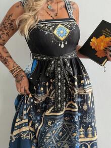 SHEIN Whyspr 大码复古波西米亚印花连衣裙，深色系 - 彩色 - 查看 5