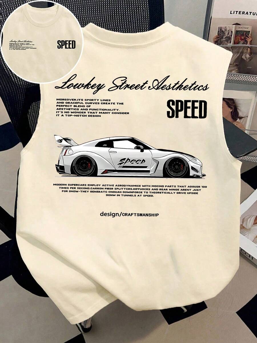 Glimmora Men's Casual Loose Slogan & Racing Car Print Round Neck Tank Top - Khaki - View 1