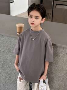 DAZY Kaos Lengan Pendek Polos Kasual untuk Anak Laki-Laki Usia 8-12 Tahun, Musim Panas - Grey - View 3