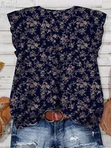 EMERY ROSE Women's Casual Floral Ruffle Sleeve Shirt, Suitable For Summer,Summer Top - Navy Blue - View 2