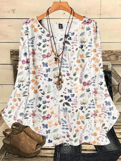 Mellowie 大码印花休闲简约圆领七分袖衬衫，适合秋冬季节，女士时尚上衣