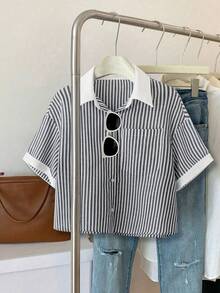 Franclia Casual Minimalist Versatile Blue Striped Patchwork Solid Color Short Sleeve Shirt Blouse For Women - Black and White - View 1