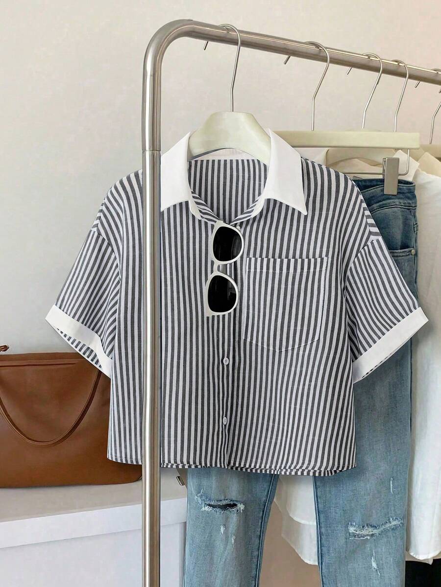 Franclia Casual Minimalist Versatile Blue Striped Patchwork Solid Color Short Sleeve Shirt Blouse For Women - Black and White - View 1