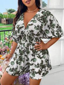 Flirla Plus Size Women Floral Print Drawstring Waist Batwing Sleeve Casual Jumpsuit - Dark Green - View 5