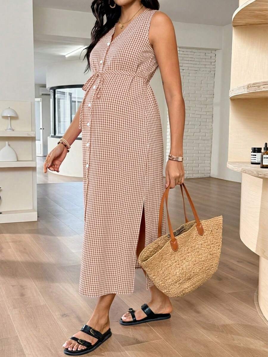 SHEIN 孕妇格子简约休闲无袖连衣裙 - 卡其色 - 查看 1