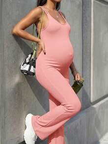 SHEIN Maternity Solid Color Camisole & Flared Pants Set,Word Cup - Baby Pink - View 9